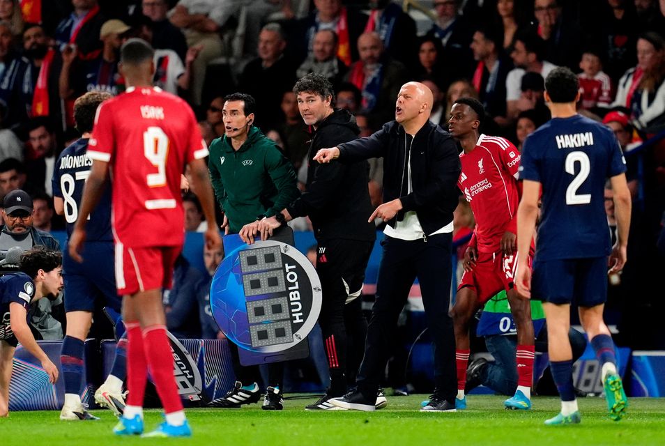 Liverpool manager Arne Slot (centre) during the Champions League quarter-final first leg defeat at Parc des Princes, Paris. Photo: Adam Davy/PA Wire