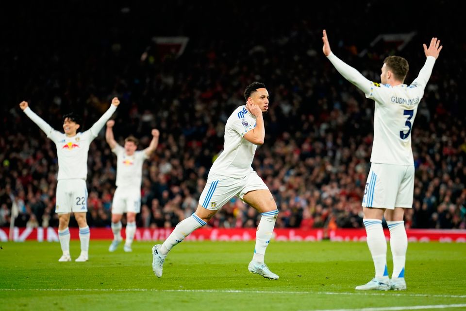 Leeds' Noah Okafor celebrates after scoring during the Premier League win over Manchester United