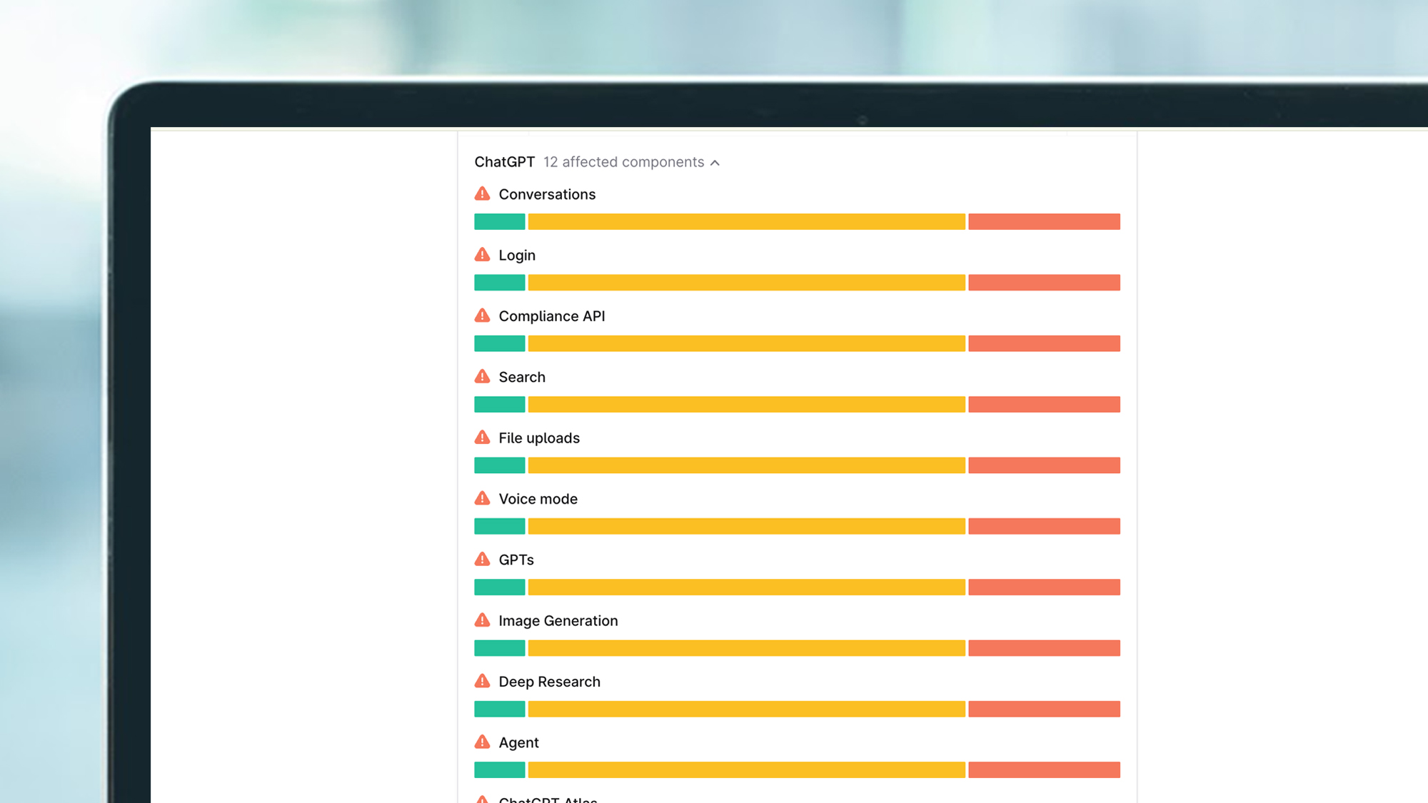 A laptop screen showing a list of ChatGPT issues during an outage