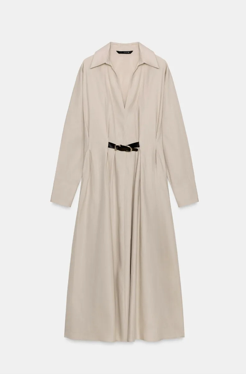 light beige dress with a belted waist