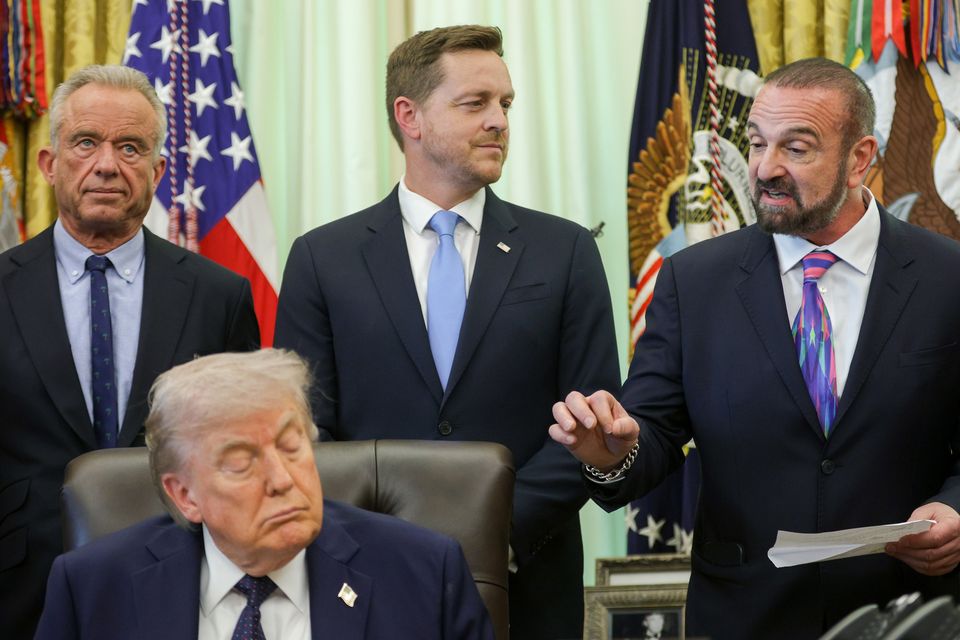 George Yancopoulos of Regeneron speaks (right), alongside US health secretary Robert F. Kennedy Jr, Medicare chief Chris Klomp and Donald Trump last week. Photo: Getty