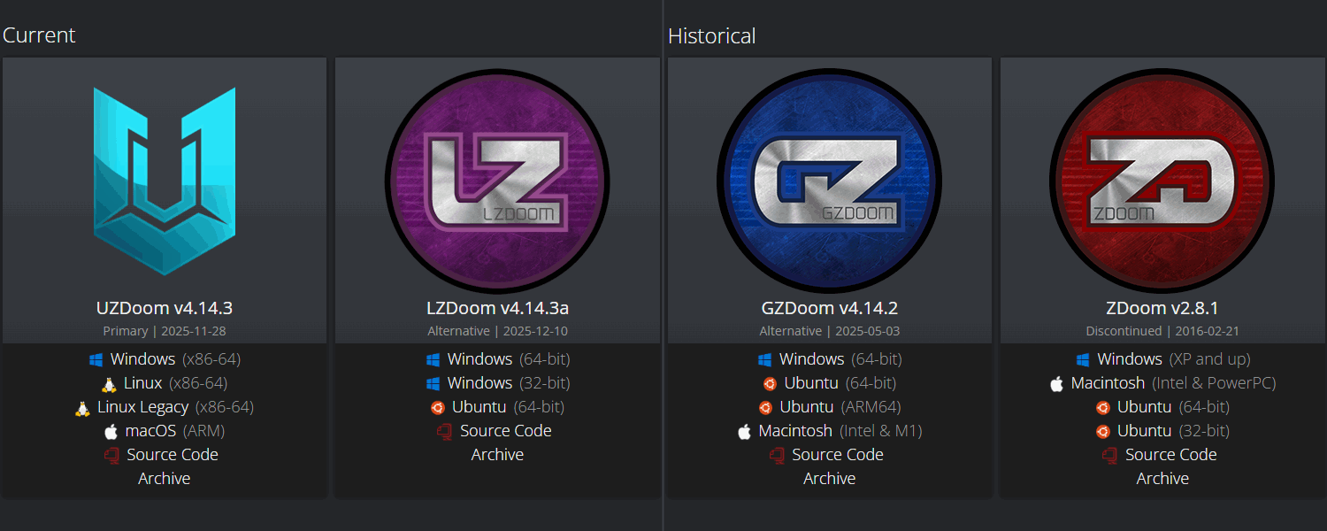 A screenshot of the ZDoom website's download page, showing GZDoom as a "Historical" project now.