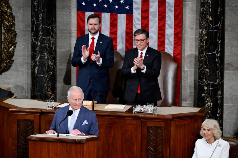 Britain's King Charles with US vice president JD Vance, US House Speaker Mike Johnson and Queen Camilla during a joint address to Congress at the US Capitol in Washington on Tuesday. Photograph by Daniel Heuer/Bloomberg