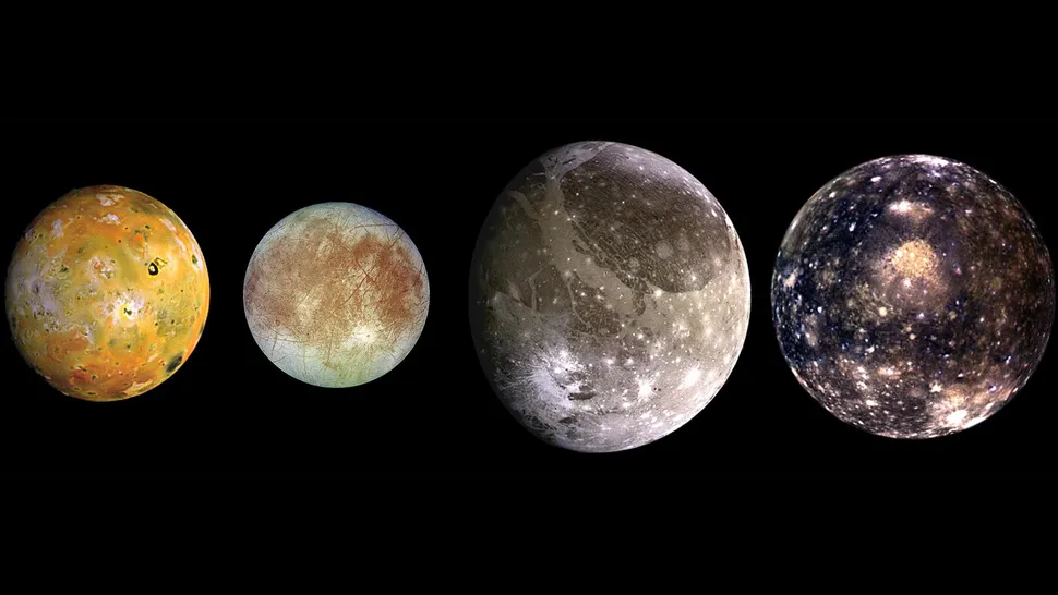Jupiter's four largest moons are known as the Galilean moons. This composite image shows from left to right, Io, Europa, Ganymede, and Callisto. Credit: NASA/JPL/DLR
