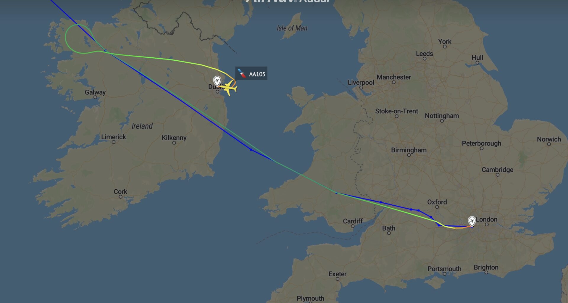 American Airlines flight AA105 just diverted to Dublin Airport after U-turn over Ireland