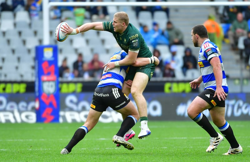 Connacht's Sean Jansen gets a pass off as Stormers captain Ruhan Nel moves in for the tackle during last Saturday's URC match in Cape Town. Photograph: Grant Pitcher/Gallo Images/Getty Images