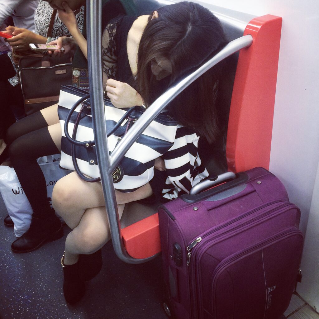 woman tired work naps train