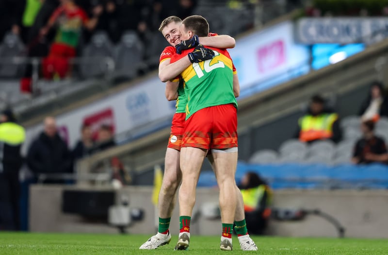 Carlow’s Dara Curran and Mikey Bambrick celebrate their win over Longford last month. Photograph: Nick Elliott/Inpho