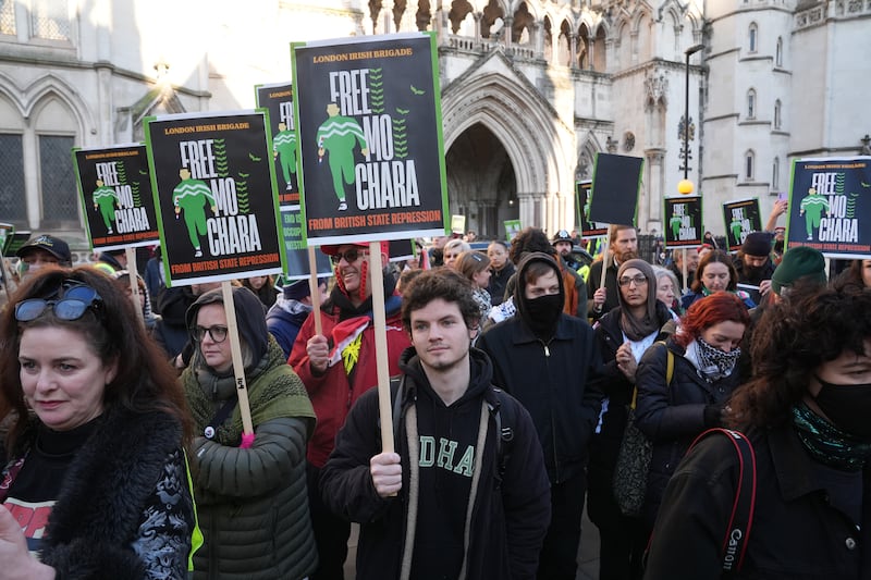 Legal appeal: Kneecap supporters outside court in London in January. Photograph: Lucy North/PA Wire