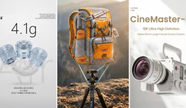 Three posters: left shows small, clear camera lens adapters labeled "4.1g" with the word "Air"; middle has a colorful quilted backpack on a tripod outdoors; right displays a white CineMaster-V 16K cinema camera.
