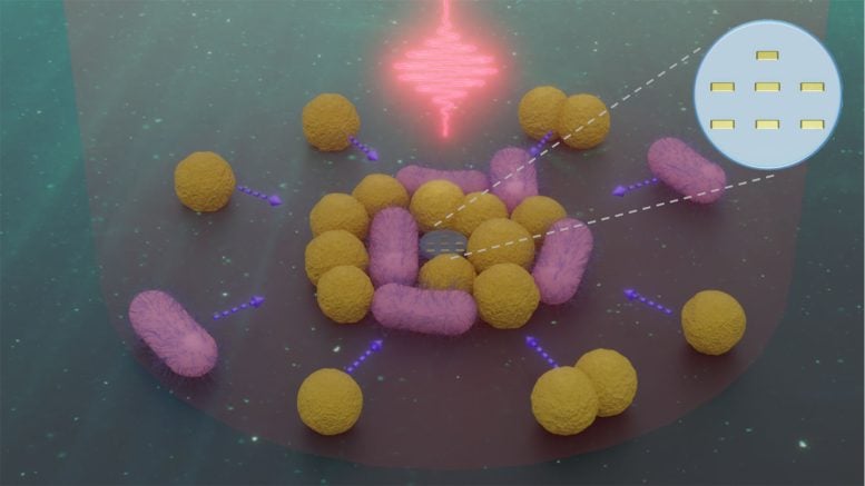 Artistic View of a Nanorobot Interacting With Several Bacteria