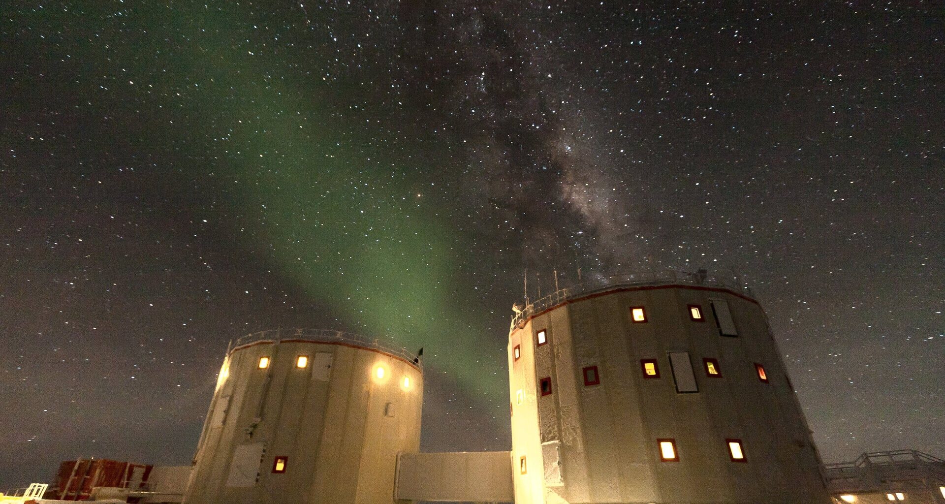 The ethereal green glow of Aurora Australis high over Concordia located in the Antarctic at –75°S latitude.  Credit:  ESA/IPEV/ENEAA/A. Kumar &amp; E. Bondoux