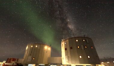 The ethereal green glow of Aurora Australis high over Concordia located in the Antarctic at –75°S latitude.  Credit:  ESA/IPEV/ENEAA/A. Kumar &amp; E. Bondoux