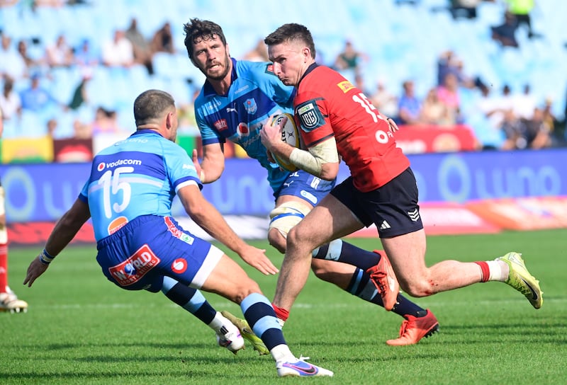Ben O'Connor of Munster on the offensive and scores a try during the United Rugby Championship match against Vodacom Bulls in Pretoria, South Africa. Photograph: Sydney Seshibedi/Gallo Images/Getty Images