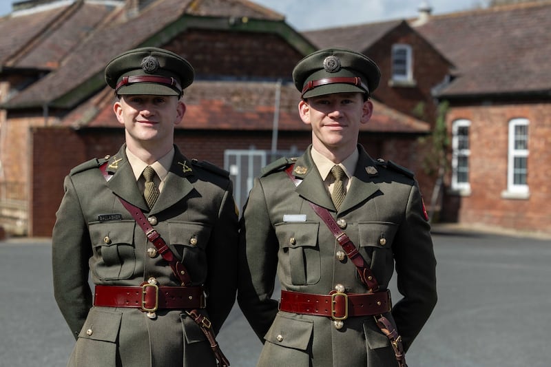 Brothers Alex (left) and Simon Gallagher at their cadet commissioning ceremony at the Curragh on Friday. Photograph: Defence Forces