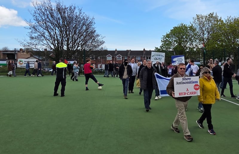 Alan Shatter leads protesters against an Irish Sport for Palestine event in Herzog Park, Rathgar, Dublin, on Sunday. Photograph: Patrick Humphreys