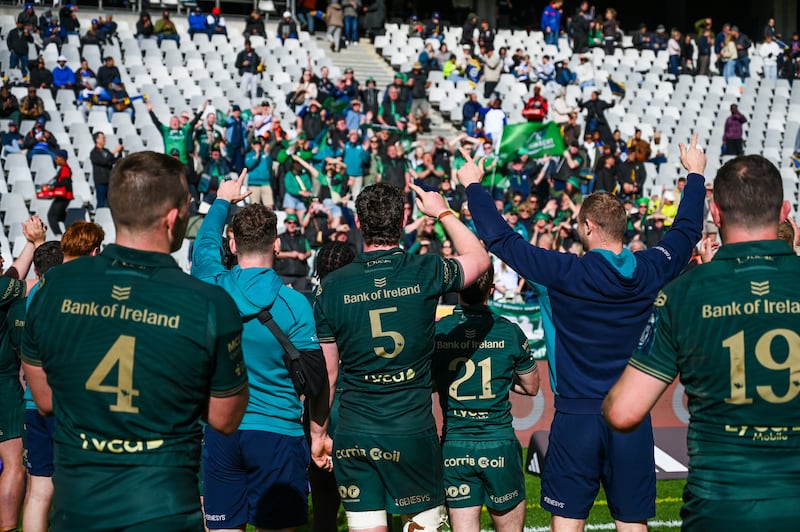 Connacht acknowledge their fans after Saturday's URC victory against Stormers in Cape Town. Photograph: Inpho/Steve Haag Sports/Darren Stewart