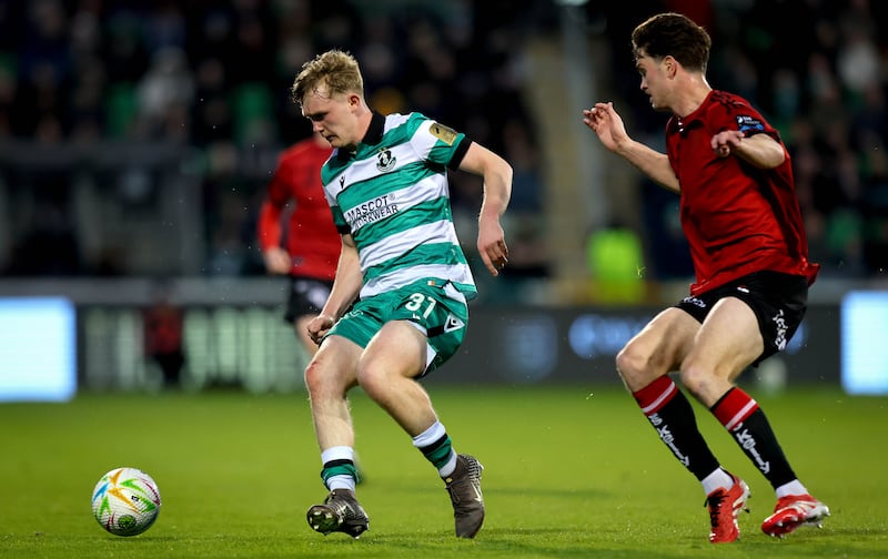 Shamrock Rovers striker Michael Noonan and Bohs defender Patrick Hickey. Photograph: Ryan Byrne/INPHO