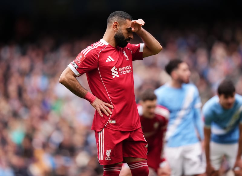 Liverpool's Mohamed Salah reacts after missing a penalty during the FA Cup quarter-final against Manchester City. Photograph: Mike Egerton/PA Wire.