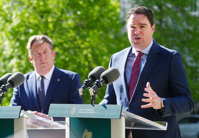 Minister for Transport Darragh O'Brien and Agriculture Minister Martin Heydon announcing the €100 million Fuel Support Scheme. Photograph: Brian Lawless/PA Wire