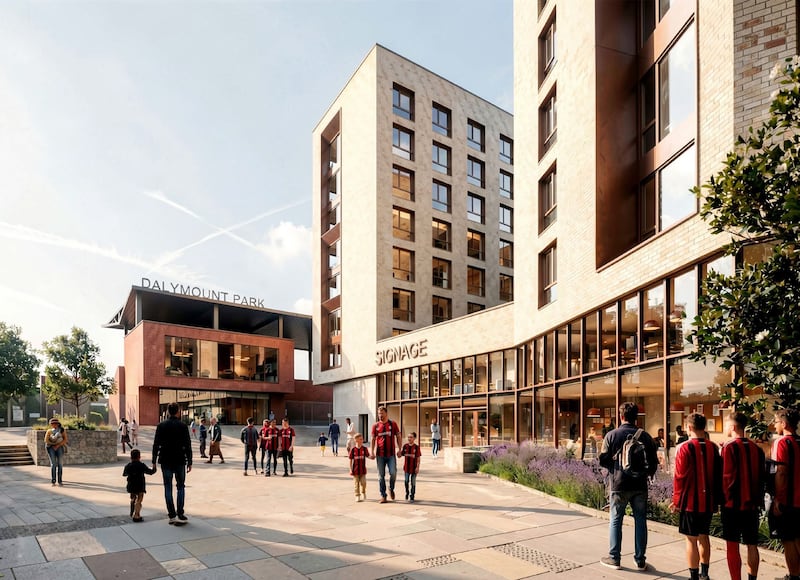 A letter lodged with the plans states the proposed redevelopment will include 'a new civic plaza and pedestrian route ... which will also serve as a primary arrival space for the soon to be redeveloped Dalymount Park'. Illustration: MCORM