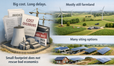 ChatGPT generated infographic contrasting nuclear’s compact site footprint with its cost overruns and delays, while showing wind’s limited disturbed land and solar’s broad siting options