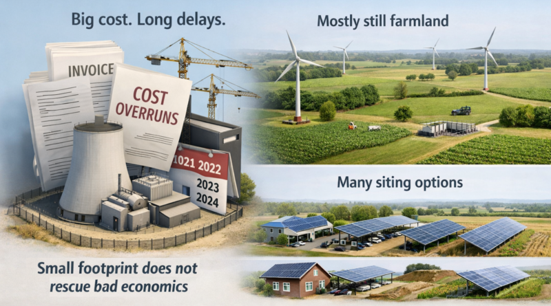ChatGPT generated infographic contrasting nuclear’s compact site footprint with its cost overruns and delays, while showing wind’s limited disturbed land and solar’s broad siting options
