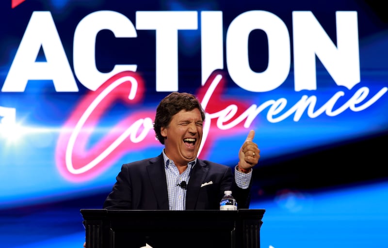 Tucker Carlson speaks at the Turning Point Action conference on July 15th, 2023, in West Palm Beach, Florida. Photograph Joe Raedle/Getty Images