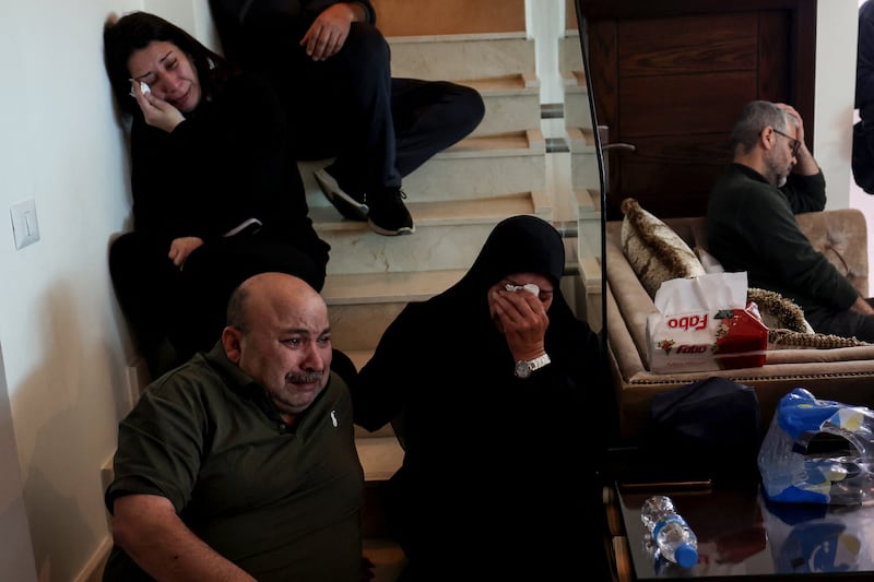 Relatives of Hassan Ali Badawi, a paramedic with the Lebanese Red Cross who was killed in an Israeli airstrike, mourn at their home in the Bchamoun area south of Beirut on April 13th. Photograph: Anwar Amro/AFP via Getty Images