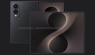 A leaked render of the supposed Samsung Galaxy Z Fold 8 Wide in a black colorway, showing its wider cover and inner displays and a dual camera array.