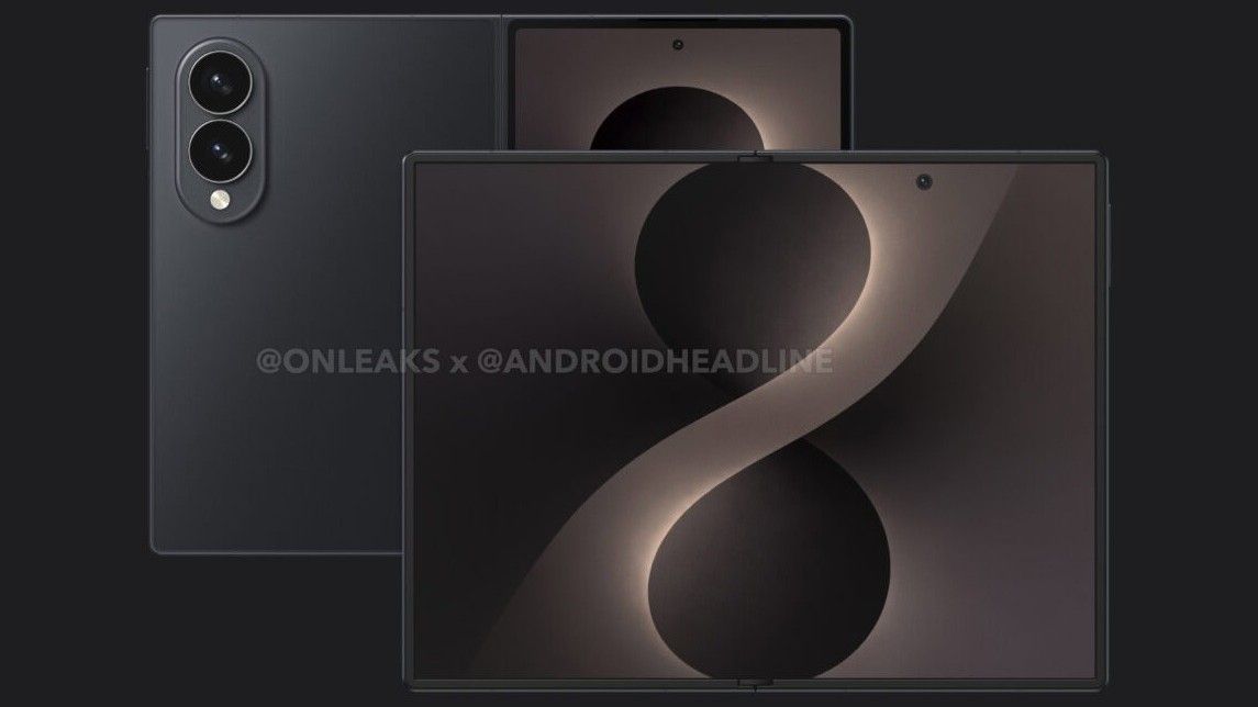A leaked render of the supposed Samsung Galaxy Z Fold 8 Wide in a black colorway, showing its wider cover and inner displays and a dual camera array.