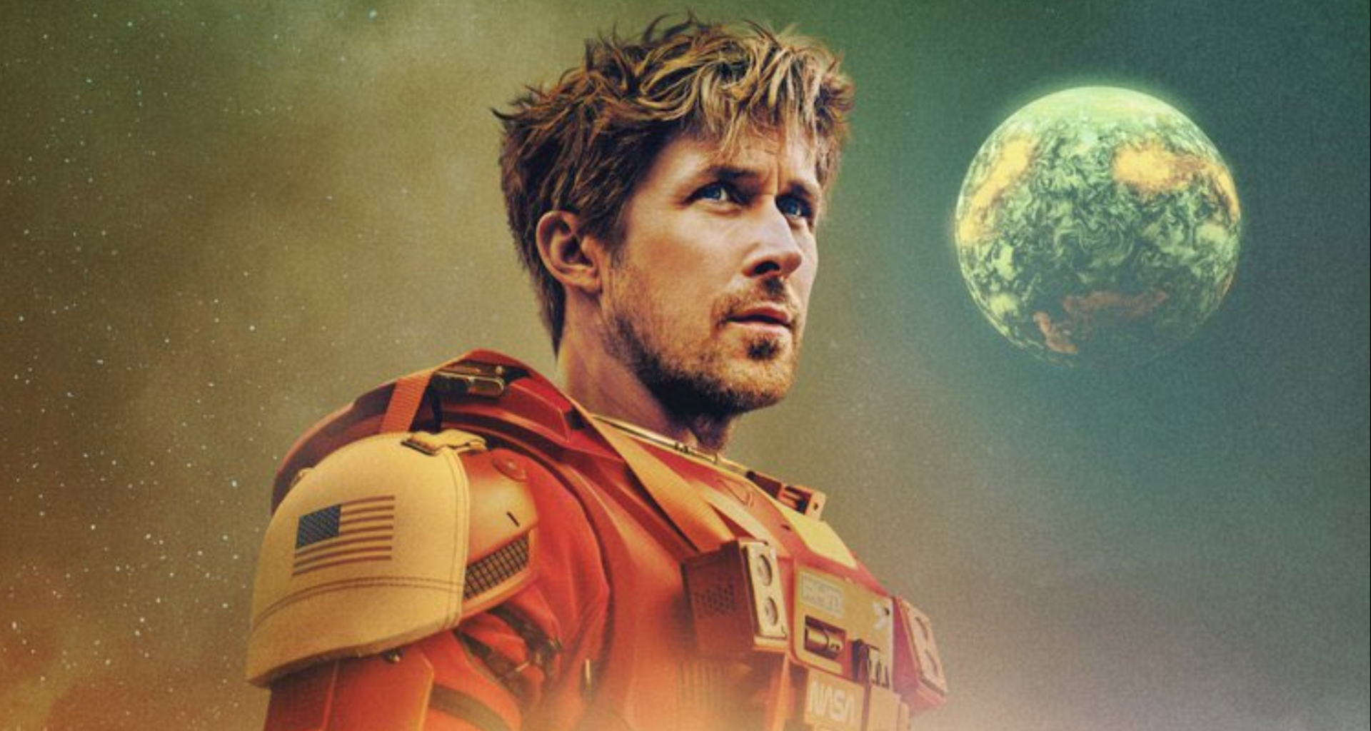 an astronaut in an orange spacesuit with a planet