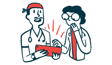 Doctors react in surprise while looking at information on a tablet.