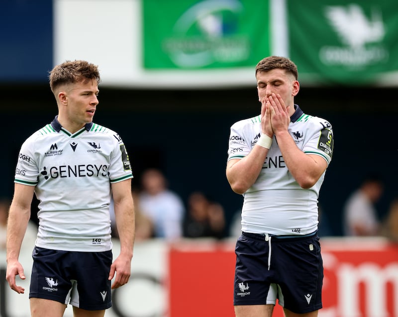 Matthew Devine and John Devine dejected after Connacht's defeat to Montpellier. Photograph: James Crombie/Inpho
