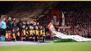 Players of Liverpool line up with their UEFA mascots ahead of the UEFA Champions League 2025/26 Round of 16 Second Leg match between Liverpool FC and Galatasaray
