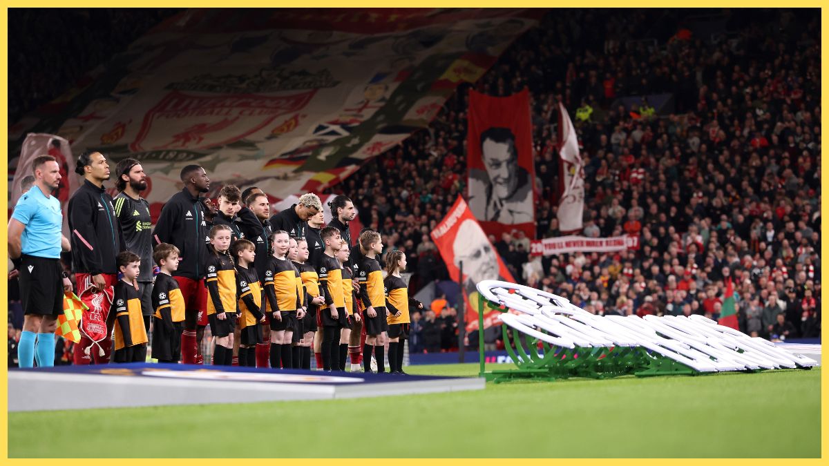 Players of Liverpool line up with their UEFA mascots ahead of the UEFA Champions League 2025/26 Round of 16 Second Leg match between Liverpool FC and Galatasaray