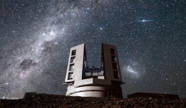 A white structure against a very starry sky.