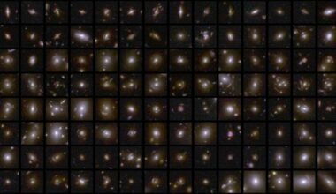 112 tiny galaxy photos with thin arcs of light around each.