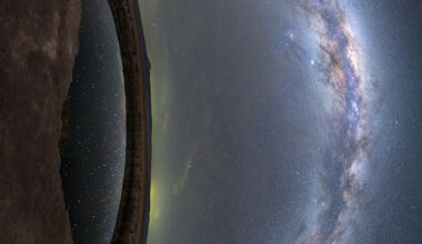 The image shows land on the left and a star filled
sky on the right. Prominent in the sky is the band of our
Milky Way Galaxy. On the left is a small circular lake 
that reflects some of the stars in the sky. Together, 
the land and lake look like an eye lookout out at the 
Milky Way. 
Please see the explanation for more detailed information.