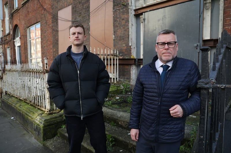Cllr Cian Farrell (left) chair of the Urban Redevelopment Working Group Dublin City Council and Karl Mitchell Executive Manager City Co-ordination Office  outside no 30 North Frederick Street Dublin. Photo: Bryan O’Brien / The Irish Times  
