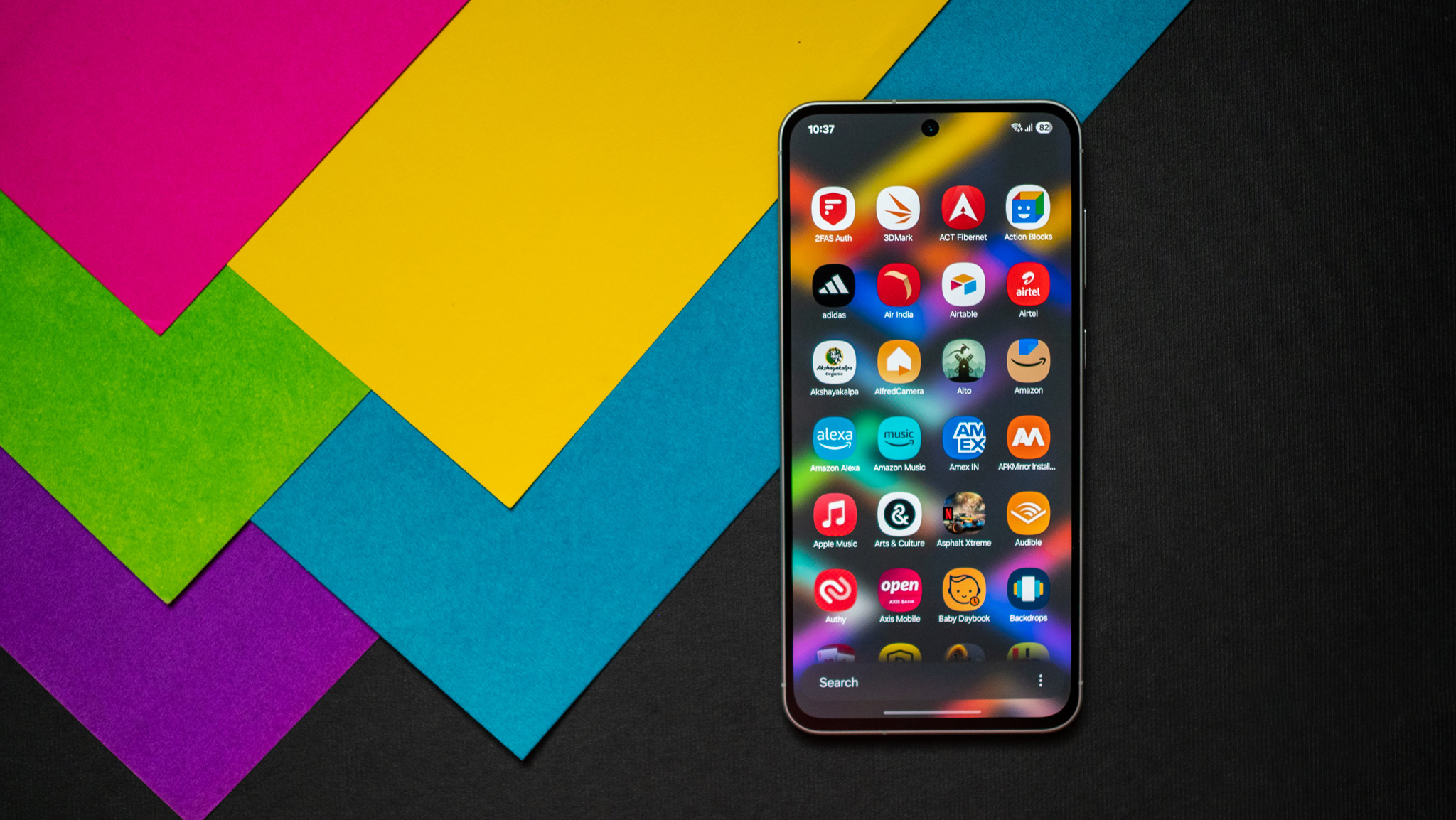 Samsung Galaxy A56 against a colorful background