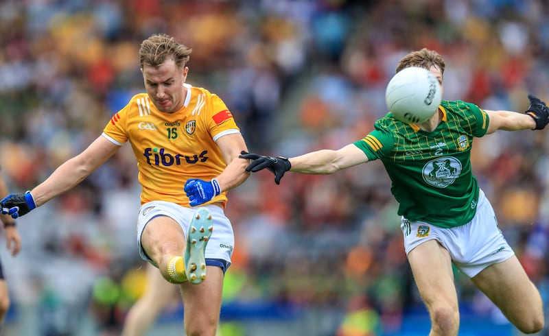 Antrim's Dominic McEnhill and Adam O'Neill of Meath in the 2023 Tailteann Cup semi-final at Croke Park. Photograph: Evan Treacy/Inpho