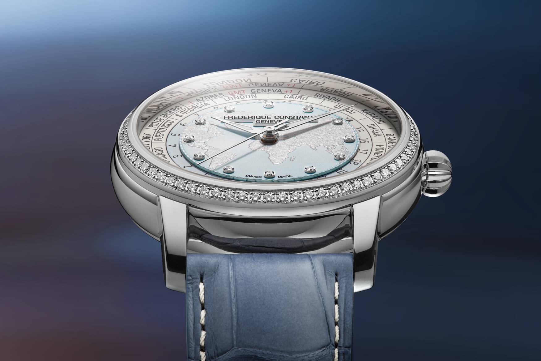Frederique Constant Classic Worldtimer Manufacture Diamond angle