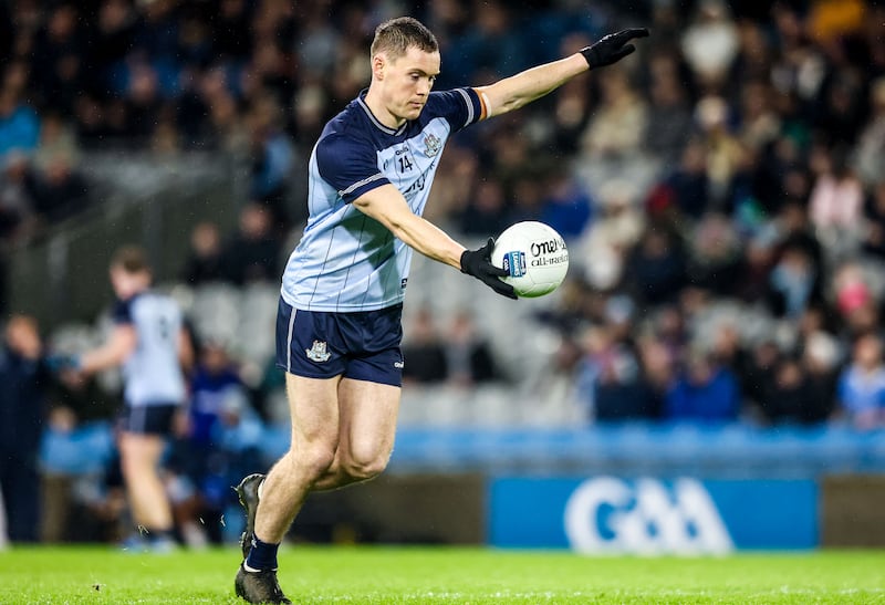 Dublin's Con O’Callaghan kicks a free. Photograph: Nick Elliott/Inpho