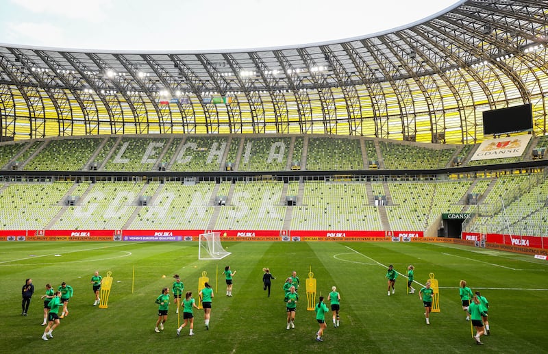 The Republic of Ireland squad training at Gdansk Stadium on Monday. Photograph: Ryan Byrne/Inpho