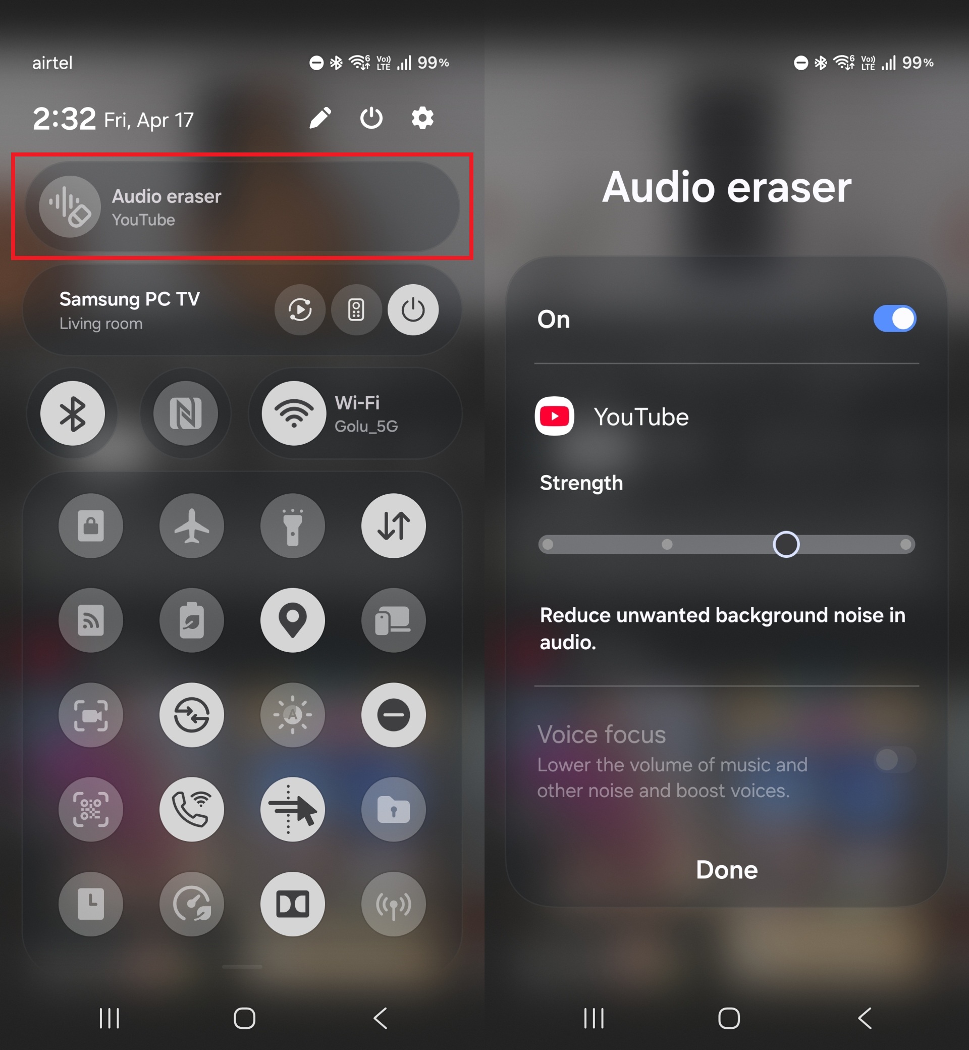 audio eraser settings on a galaxy s26