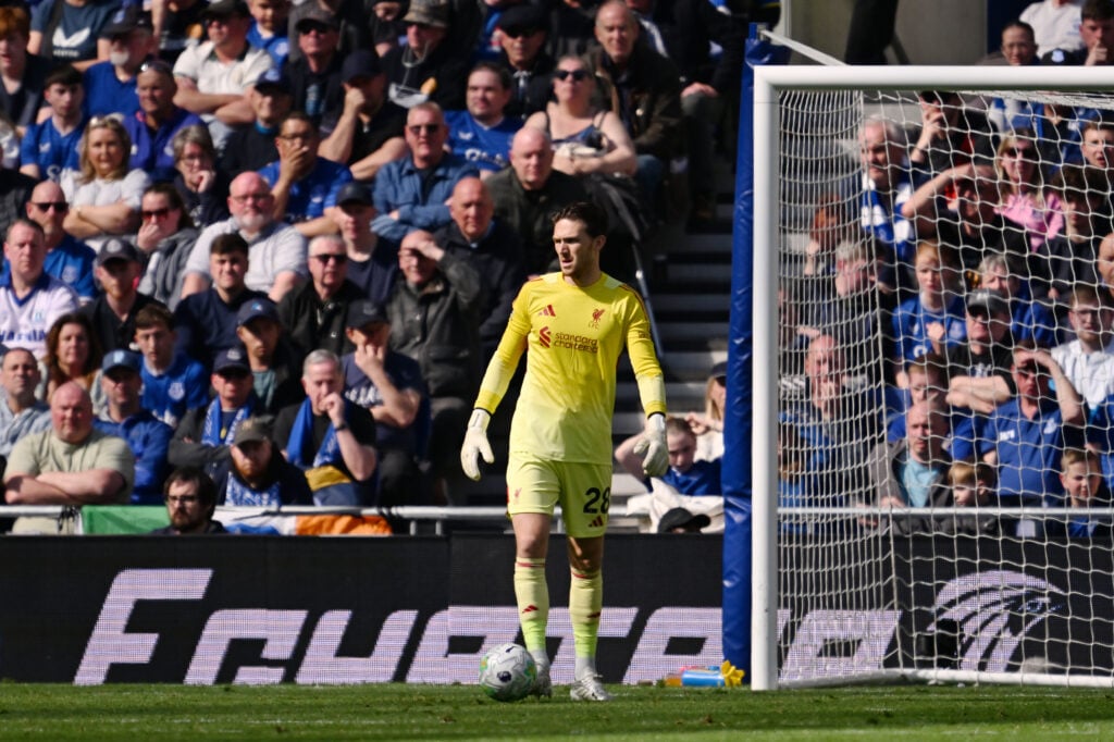 Freddie Woodman on the ball during Liverpool's Premier League match against Everton at the Hill Dickinson Stadium (Credit: Getty Images/Liverpool FC).