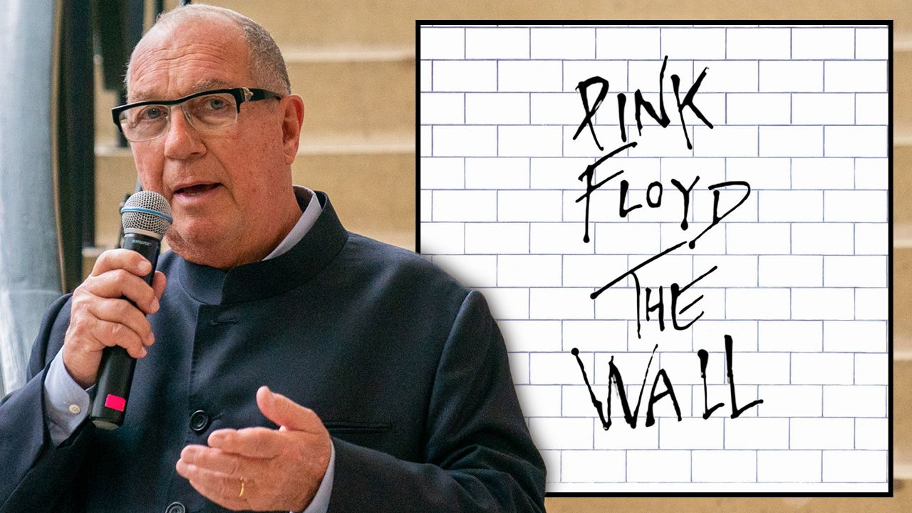 Aubrey Powell speaks at Pink Floyd - Their Mortal Remains exhibition at Better Living Center in Toronto in 2023, plus Pink Floyd&rsquo;s The Wall album cover