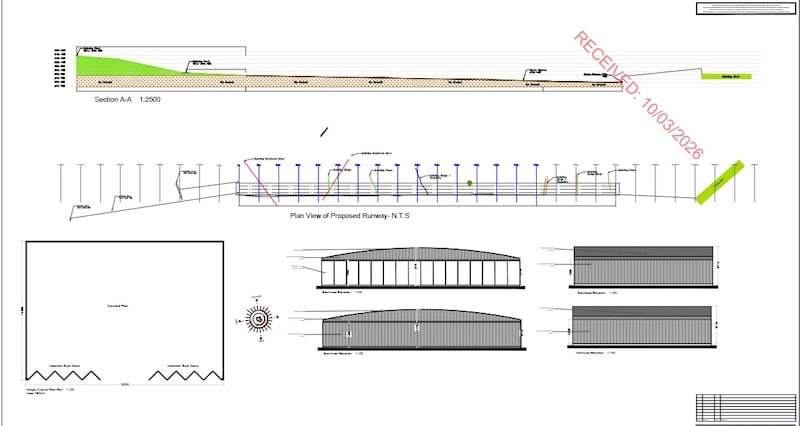 Drawings of a runway and hanger included with the planning application by John Lennon for a private aerodrome near Castleblayney, Co Monaghan