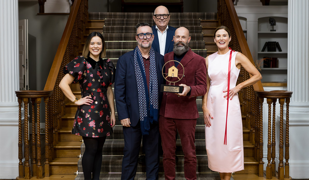 Home of the Year judges Siohbhan Lam, Hugh Wallace and Amanda Bone with series 12 winners Lorcan Burke and Adrian Sharpe. Pic: RTÉ